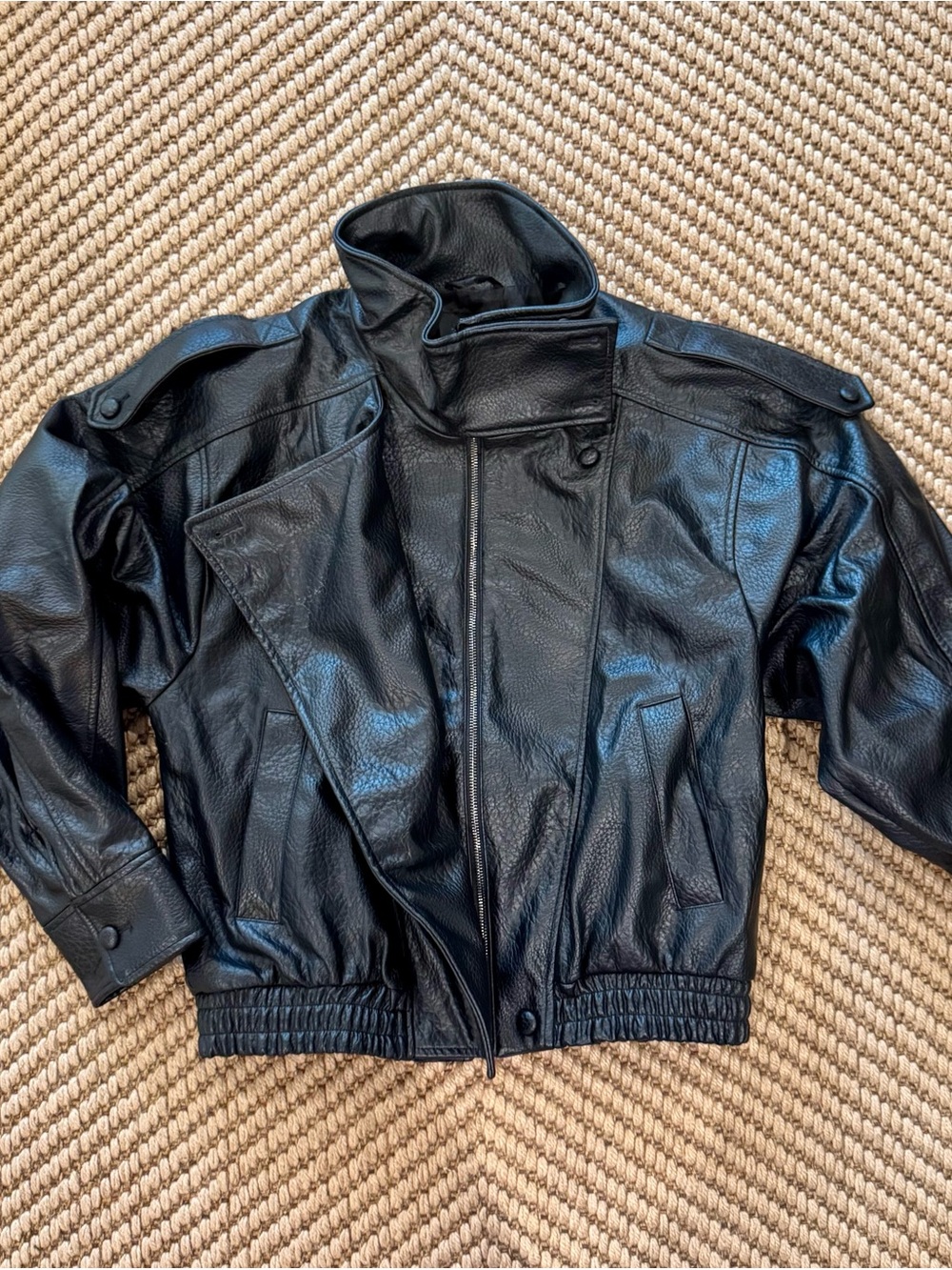 Zara Black Leather Bomber Jacket with High Stand Collar